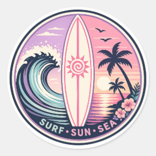 Sticker Rond Surf • Soleil • Mer Badge Vague Tropical Rétro V