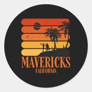 Sticker Rond Surf Vintage Mavericks Beach California Retro S