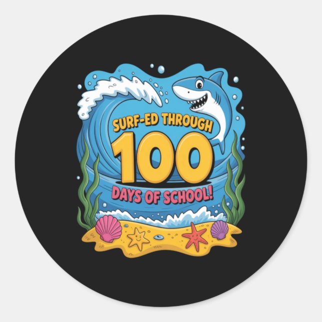 Sticker Rond Surfé à travers 100 jours d'école drôle de requin (Devant)