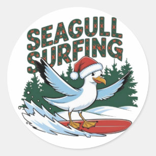 Sticker Rond Surfer d'hiver Seagull, Seagull Joyeux Noël