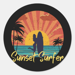 Sticker Rond Surfer du coucher de soleil