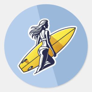 Sticker Rond Surfer fille avec Surf Jaune