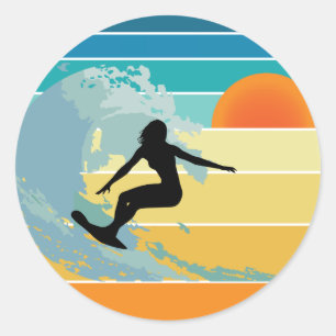 Sticker Rond Surfer Girl Sunset Vintage