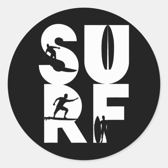 Sticker Rond Surfeur avec planches de surf dans le cavalier de  (Devant)