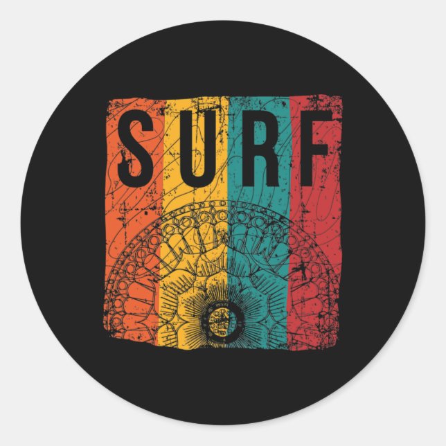 Sticker Rond Surfeur de plage rétro surf avec mandala  (Devant)