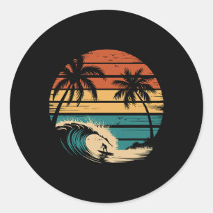 Sticker Rond Surfeur faisant du surf avec des palmiers Vacances