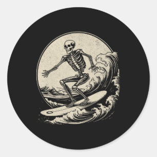 Sticker Rond Surfeur squelette Vintage Big Wave Surfing Drôle H