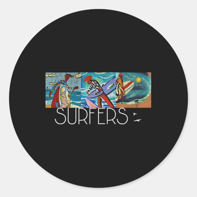 Sticker Rond Surfeurs Moderne du milieu du siècle Cubisme Impre (Devant)
