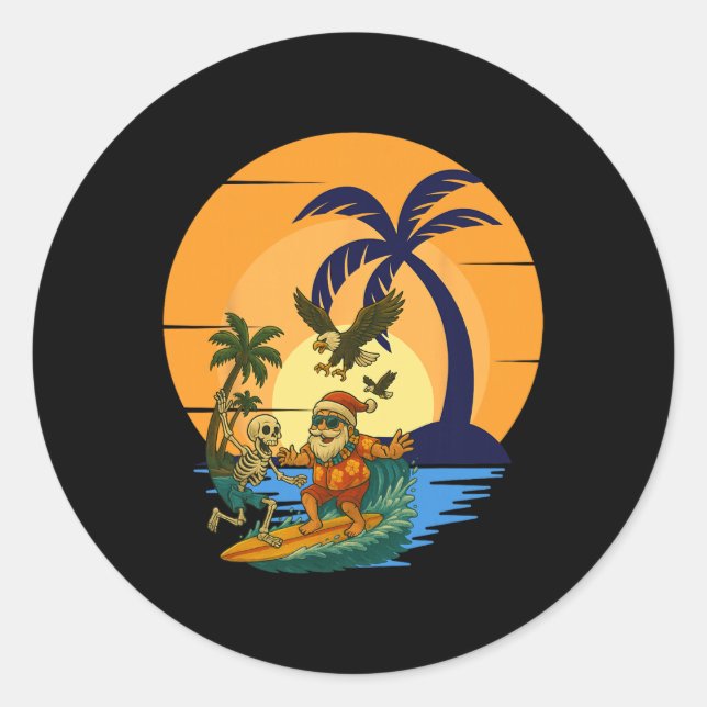 Sticker Rond Surfing Santa Toucan And Funny Skeleton Tropical C (Devant)