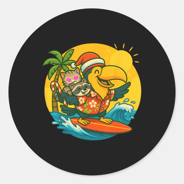 Sticker Rond Surfing Santa Toucan Fun Cat And Raccoon Christmas (Devant)