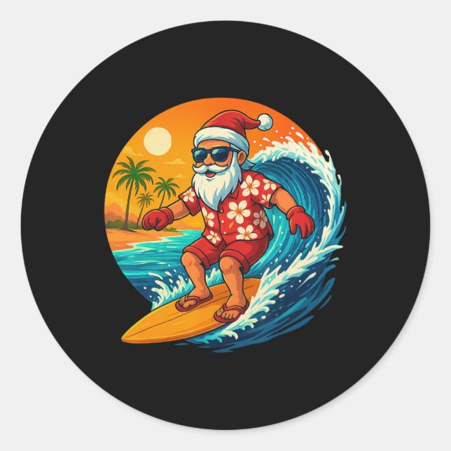 Sticker Rond Surfing Santa Tropical Christmas Holiday Hawaiian  (Devant)