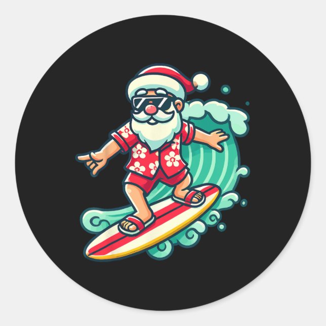 Sticker Rond Surfing Santa Tropical Christmas Vacation Xmas In  (Devant)