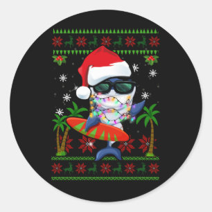 Sticker Rond Surfing Shark Noël Douleur moche Santa Hat Sha