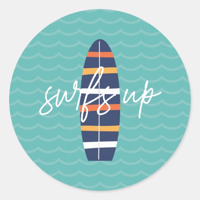 Sticker Rond Surfs Up surboard et vagues Anniversaire (Devant)
