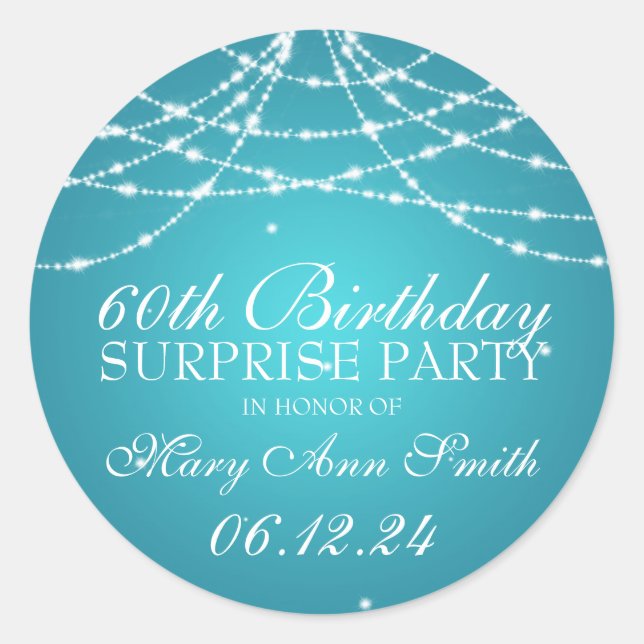 Sticker Rond Surprise Anniversaire Corde d'étoiles Turquoise (Devant)