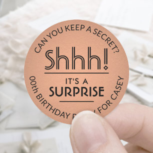 Sticker Rond Surprise fête d'anniversaire Cuivre Faux Foil et N