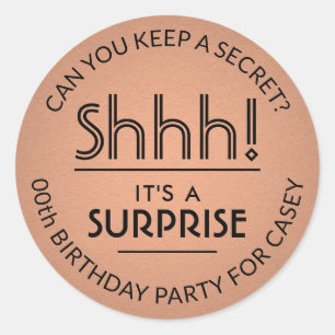 Sticker Rond Surprise fête d'anniversaire Cuivre Faux Foil et N