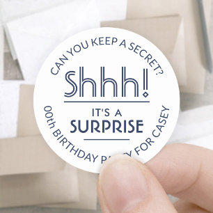 Sticker Rond Surprise fête d'anniversaire élégant Blanc et bleu