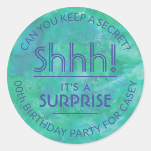 Sticker Rond Surprise fête d'anniversaire Shhh! Aquarelle bleue