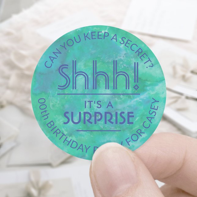 Sticker Rond Surprise fête d'anniversaire Shhh! Aquarelle bleue (Créateur téléchargé)