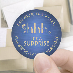 Sticker Rond Surprise fête d'anniversaire Shhh! Bleu et or bros