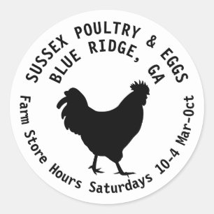 Sticker Rond Sussex Hen Nom de la ferme Publicité Oeufs Étiquet