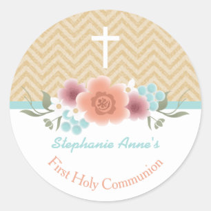 Sticker Rond Swag floral communion en or et Aqua