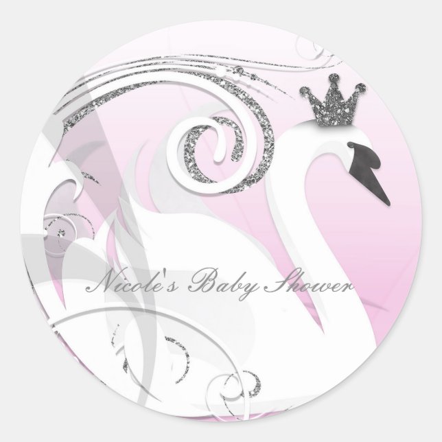 Sticker Rond Swan Princess Baby shower blanc argent rose Favori (Devant)