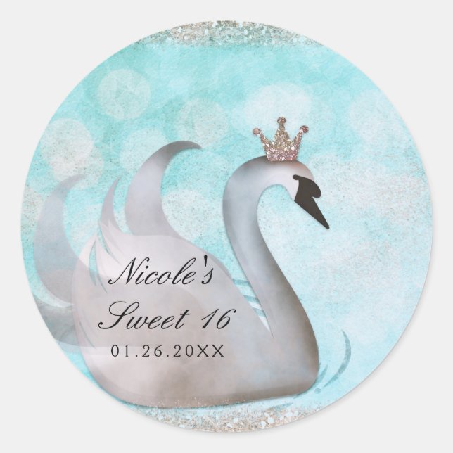 Sticker Rond Swan Princess Parties scintillant Anniversaire Fêt (Devant)
