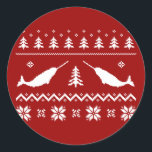 Sticker Rond Sweater de Narwhal Christmas<br><div class="desc">Ce pull narval de Noël fait un grand cadeau de vacances... ou une conversation intéressante. N'allez pas avec l'orignal vintage typique ou les narvals de rennes-go ! Joyeux Noël!</div>