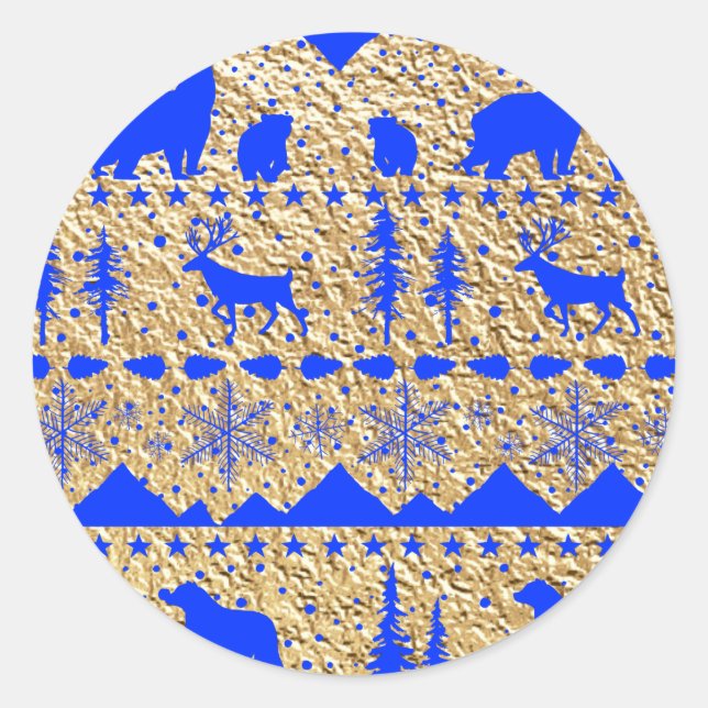 Sticker Rond Sweater nordique Royal Blue Winter Animaux Gold (Devant)