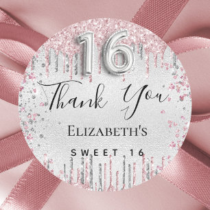 Sticker Rond Sweet 16 anniversaire argent rose parties scintill