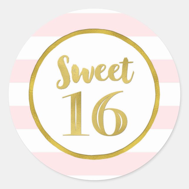 Sticker Rond Sweet 16 Anniversaire Blush Pink Stripes Or (Devant)