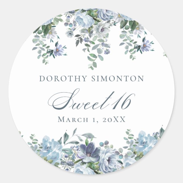 Sticker Rond Sweet 16 Anniversaire Dusty Blue Floral (Devant)