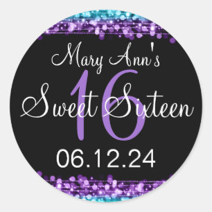 Sticker Rond Sweet 16 Anniversaire Fête Purple Turquoise Lumièr