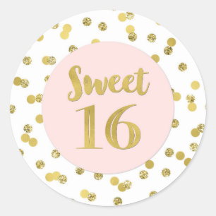 Sticker Rond Sweet 16 Anniversaire Lumière Rose Gold Confetti