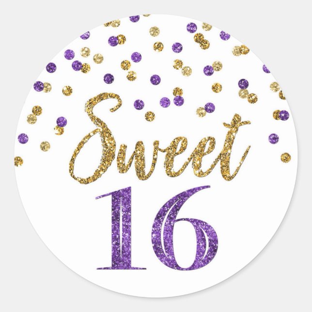 Sticker Rond Sweet 16 Anniversaire Purple Gold Confetti (Devant)