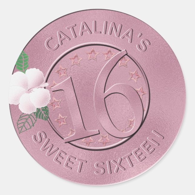 Sticker Rond Sweet 16 Anniversaire Rose Faux Métallic Foil Flor (Devant)