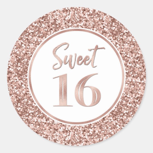 Sticker Rond Sweet 16 Anniversaire Rose Gold Parties scintillan (Devant)
