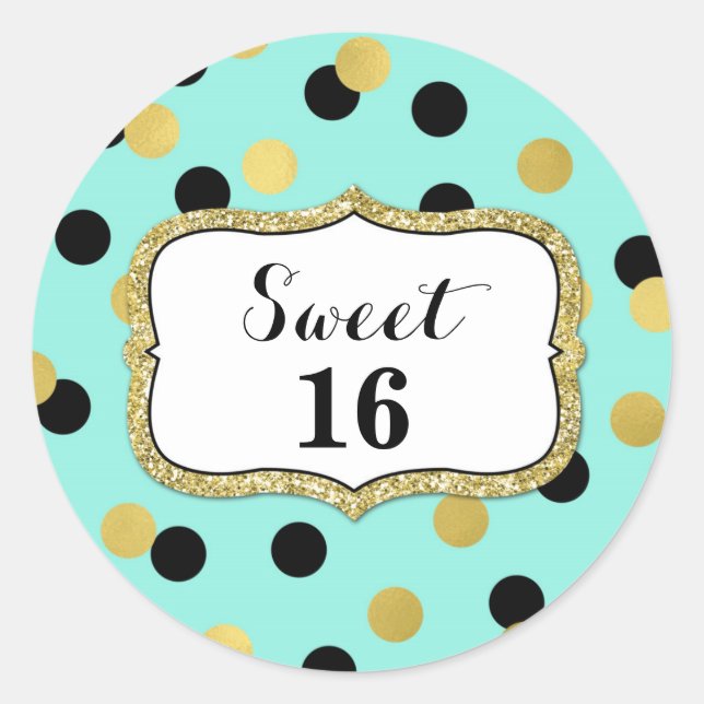 Sticker Rond Sweet 16 Anniversaire Turquoise Black Gold Confett (Devant)