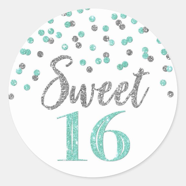 Sticker Rond Sweet 16 Anniversaire Turquoise Bleu Argent Confet (Devant)