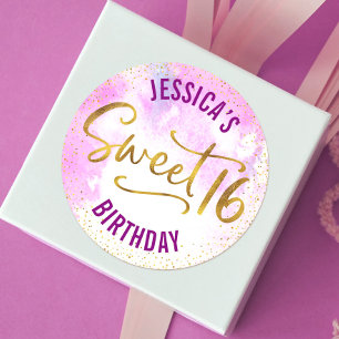 Sticker Rond Sweet 16 Aquarelle rose or Glam Script Anniversair