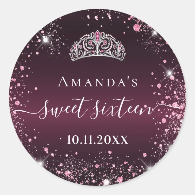 Sticker Rond Sweet 16 burgundy rose tiara nom script (Devant)