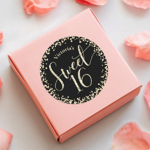 Sticker Rond Sweet 16 Chic Noir Paillettes Confettis Anniversai