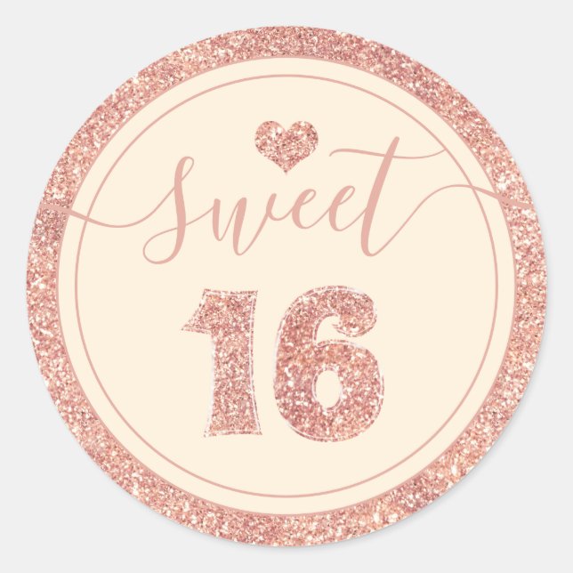 Sticker Rond Sweet 16 Coral rose Faux Parties scintillant Coeur (Devant)