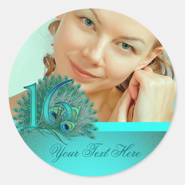 Sticker Rond Sweet 16 élégant modèle en plumes de paon (Devant)