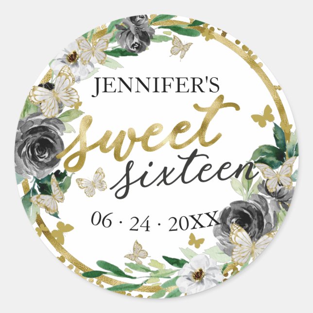 Sticker Rond Sweet 16 Emerald Black Gold Floral Butterfly (Devant)