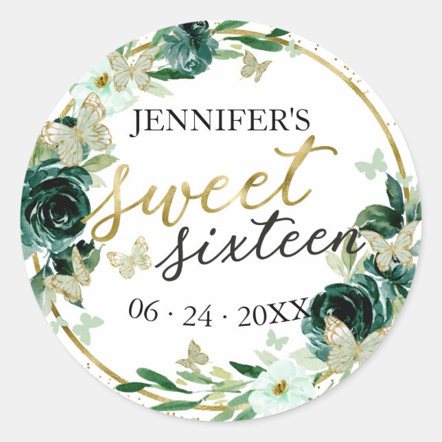 Sticker Rond Sweet 16 Emerald Green Floral Butterfly (Devant)