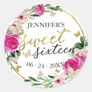 Sticker Rond Sweet 16 Emerald Hot rose Gold Floral Butterfly