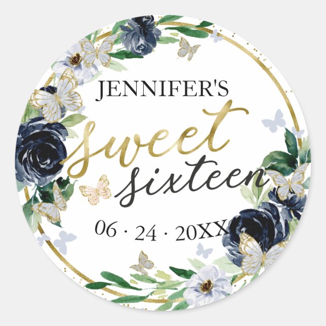 Sticker Rond Sweet 16 Emerald Navy Blue Floral Butterfly (Devant)